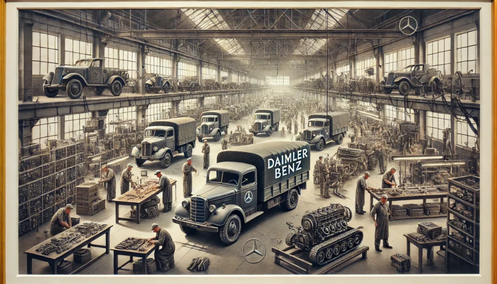 With the outbreak of World War II in 1939, Daimler-Benz faced a new challenge as civilian passenger car demand plummeted. The company pivoted to producing military vehicles, submarines, tanks, and aircraft engines for the Nazi war effort, with their military trucks being their most prominent line. By 1942, civilian car production ceased entirely, as all resources were redirected to armor manufacturing. With much of the male workforce on the front lines, Daimler-Benz began recruiting women to fill the labor gap. However, this was insufficient to meet demand, leading the company to rely on forced labor.